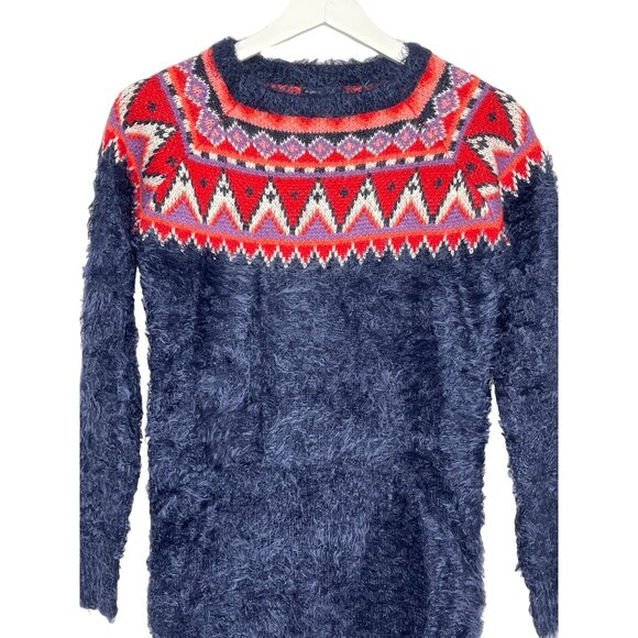 Gap Kids Fuzzy Fair Isle Sweater Dress Blue Red Knit Long Sleeve Winter Cozy - Picture 2 of 12